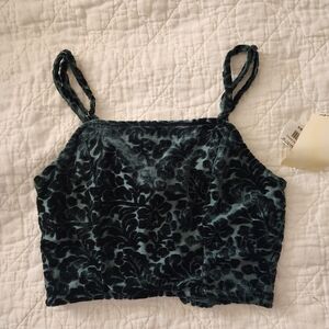 NWT Sexy Deep Forrest Green Velvet Patterned Lace Up Crop Tank Cami Bralette
